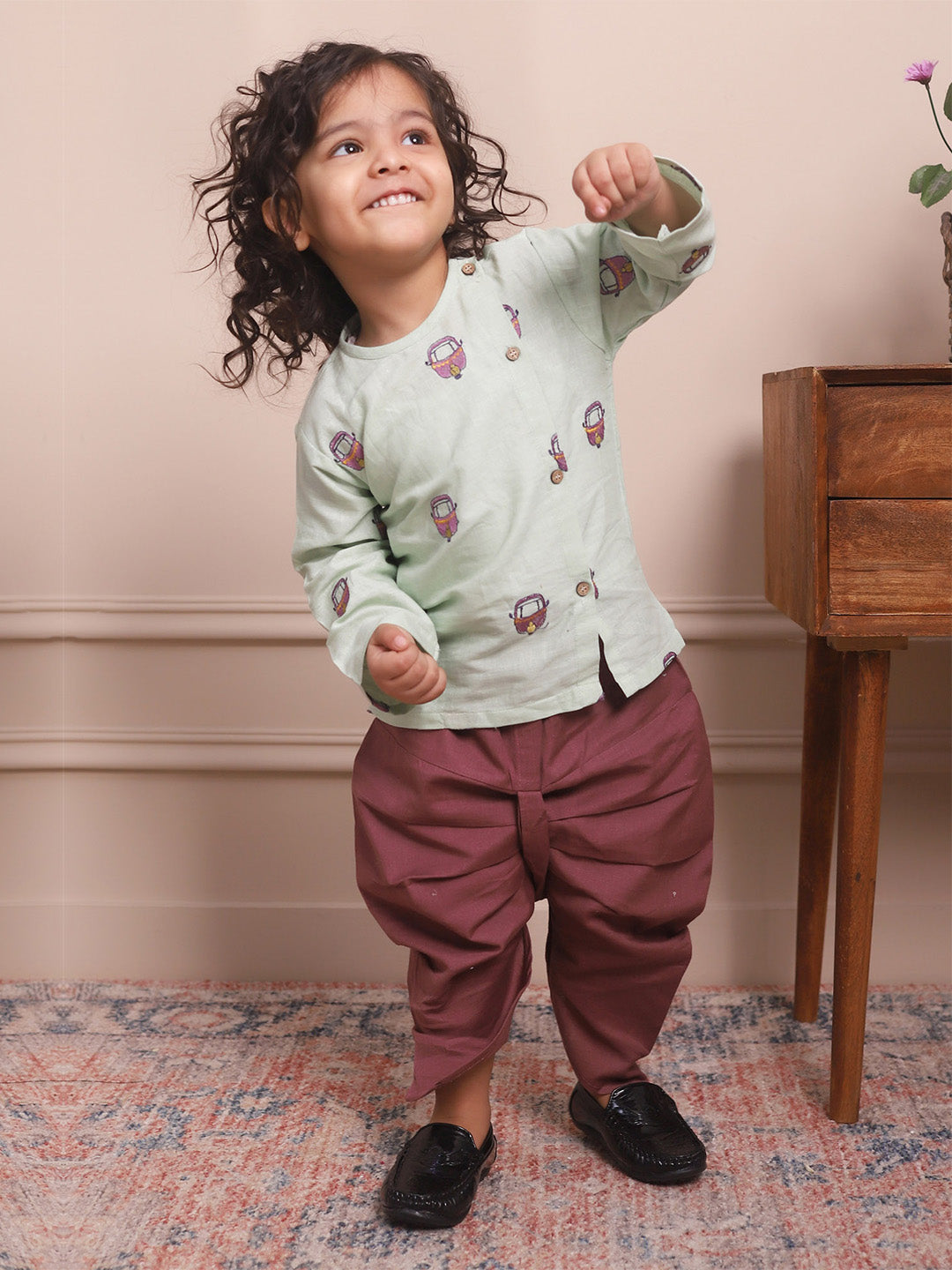 Polka Tots Full Sleeves Rickshaw Embroidery Angrakha with Dhoti - Green