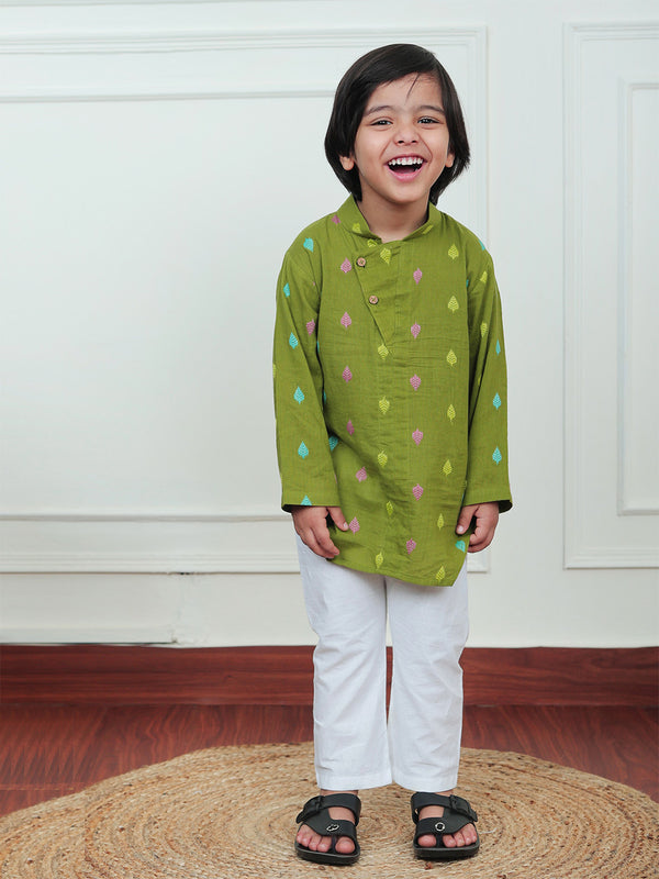 Polka Tots Full Sleeve Leaf embroidery Kurta Pyjama Set - Green