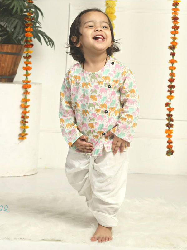 Polka Tots Dhoti Kurta Set for Boys 100% Super Soft Cotton Traditional Ethnic Wear For Kids Elephants-Pink and Orange