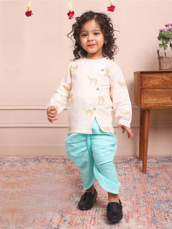 Polka Tots Full Sleeve Camel Embroidery Angrakha Top With Dhoti - cream