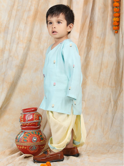 Polka Tots Full sleeves Flower Embroidery Angrakha With Dhoti Set - Blue