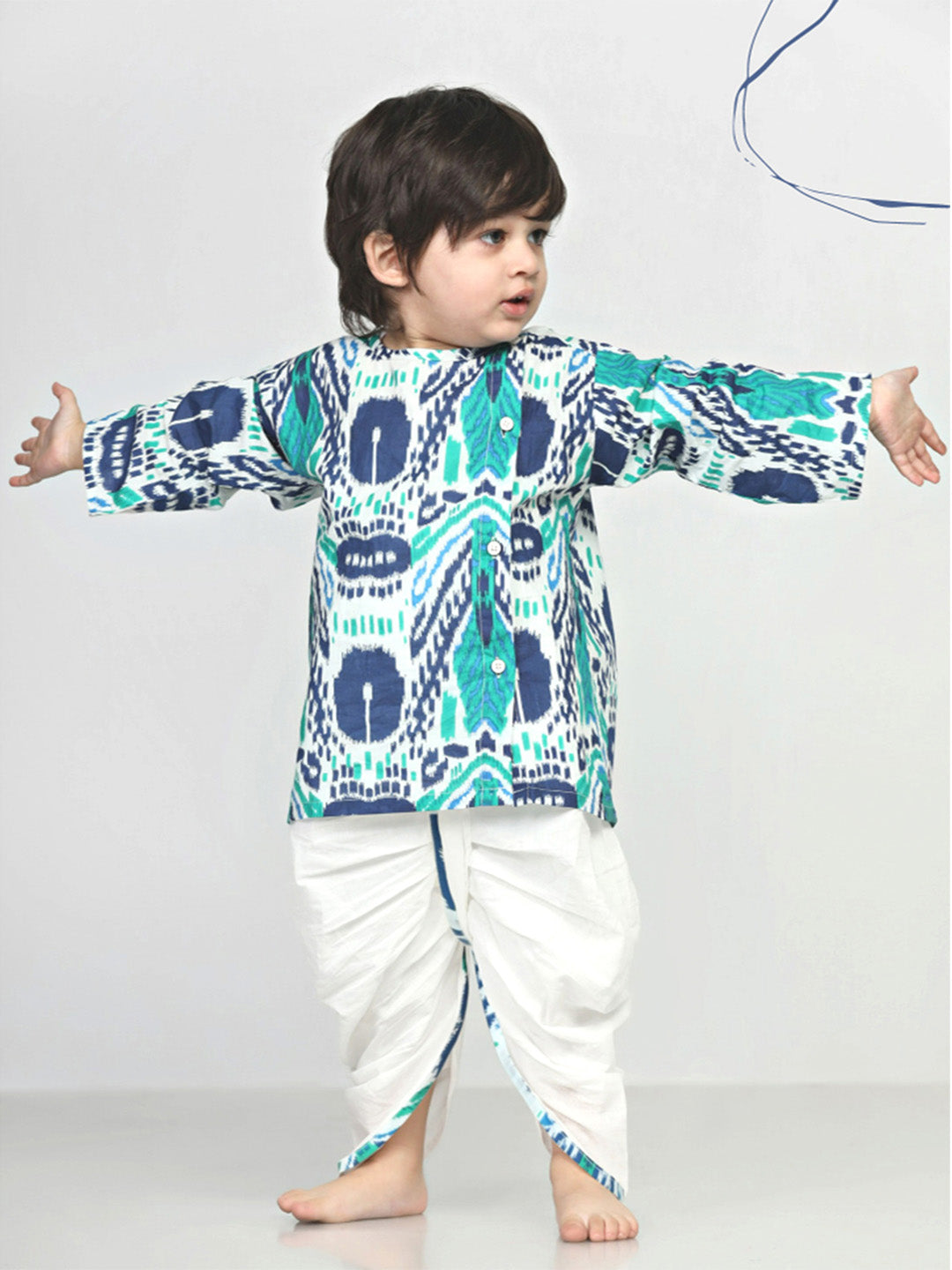 Polka Tots Dhoti Kurta Set for Boys 100% Super Soft Cotton Traditional Ethnic Wear For Kids Peacock Print  - White