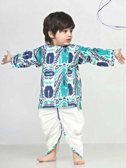 Polka Tots Dhoti Kurta Set for Boys 100% Super Soft Cotton Traditional Ethnic Wear For Kids Peacock Print  - White