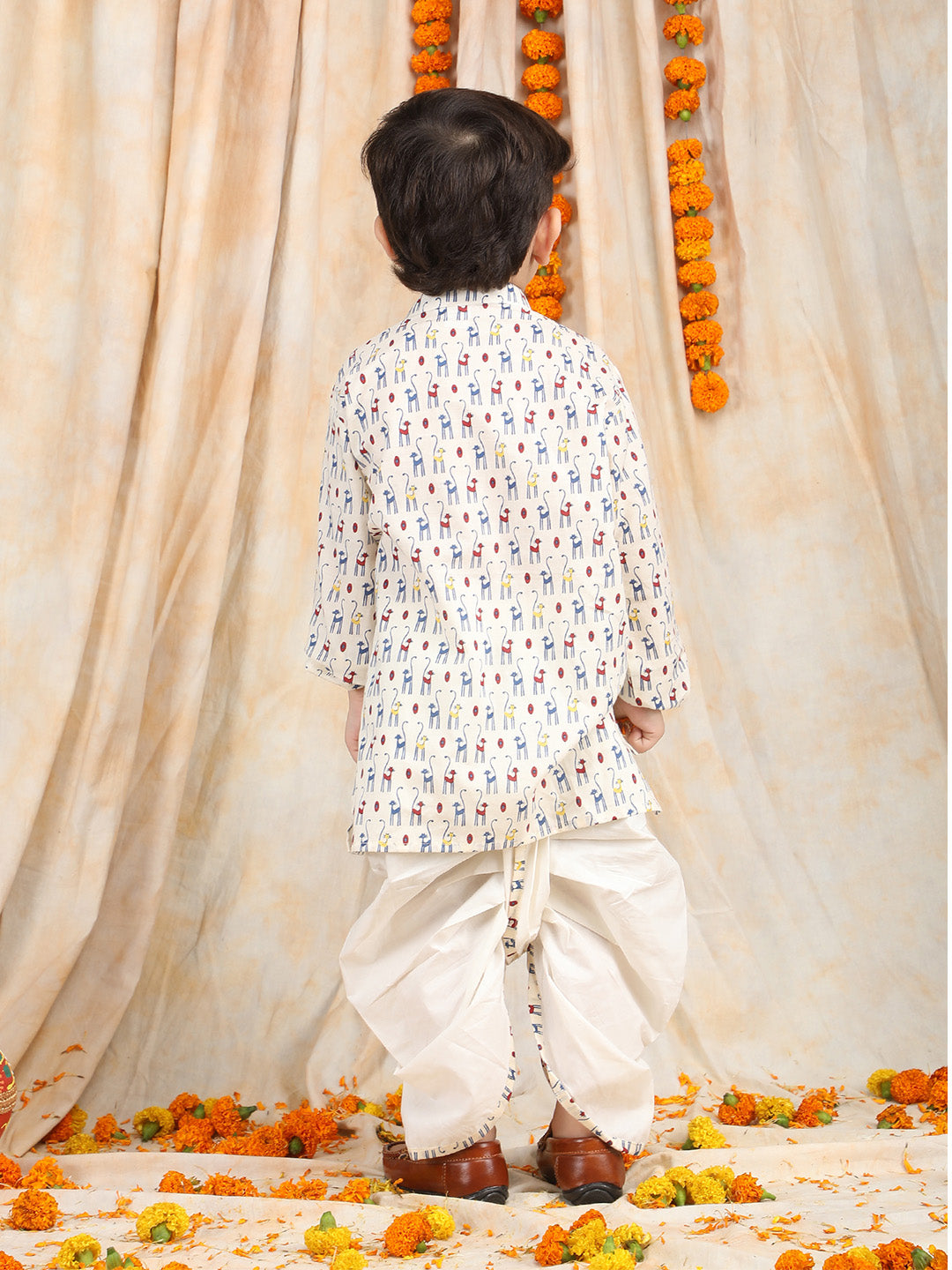 Polka Tots Full Sleeve Cat print Angrakha With Dhoti - White
