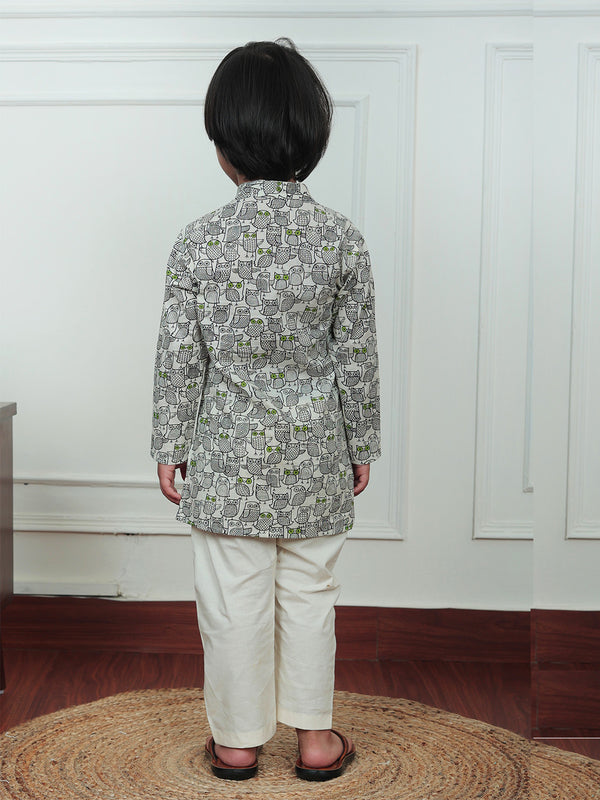 Polka Tots Full Sleeve Owl print Kurta Pyjama Set - Off White