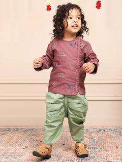 Polka Tots Full Sleeves Dinosaur Embroidery Angrakha with Dhoti - Dusty Pink
