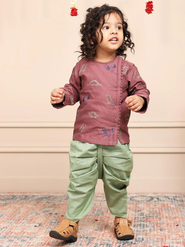 Polka Tots Full Sleeves Dinosaur Embroidery Angrakha with Dhoti - Dusty Pink