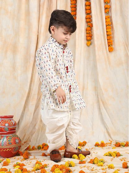 Polka Tots Full Sleeve Cat print Angrakha With Dhoti - White