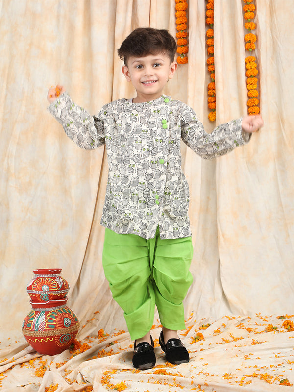 Polka Tots Full Sleeve Owl print Angrakha With Dhoti - Green