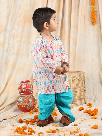 Polka Tots Full Sleeve Abstract print Angrakha With Dhoti - Turquoise Blue