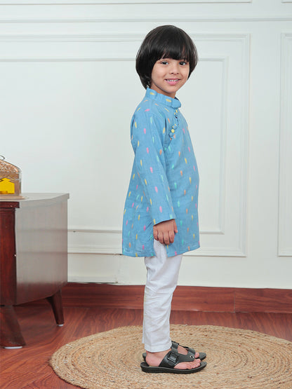 Polka Tots Full Sleeve Leaf embroidery Kurta Pyjama Set - Blue