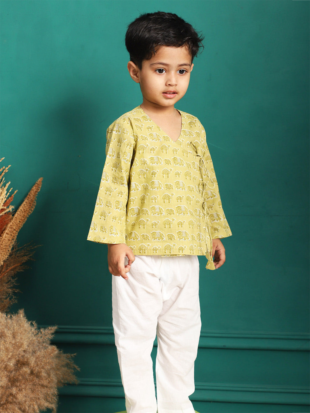 Polka Tots 100% Super Soft Cotton Full Sleeve Elephant Print Front Open Angrakha Kedia Pant Set - Green