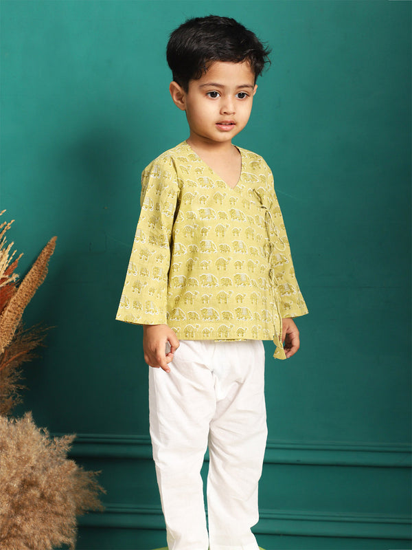 Polka Tots Super Soft Cotton Full Sleeve Elephant Print Front Open Angrakha Kedia Pant Set - Green