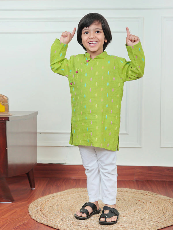 Polka Tots Full Sleeve Leaf embroidery Kurta Pyjama Set - Green