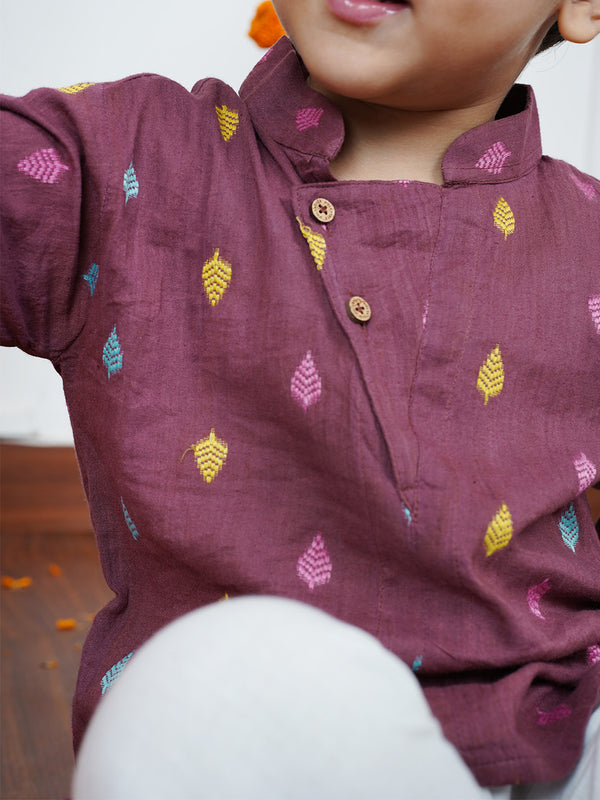 Polka Tots Full Sleeve Leaf embroidery Kurta Pyjama Set - Brown