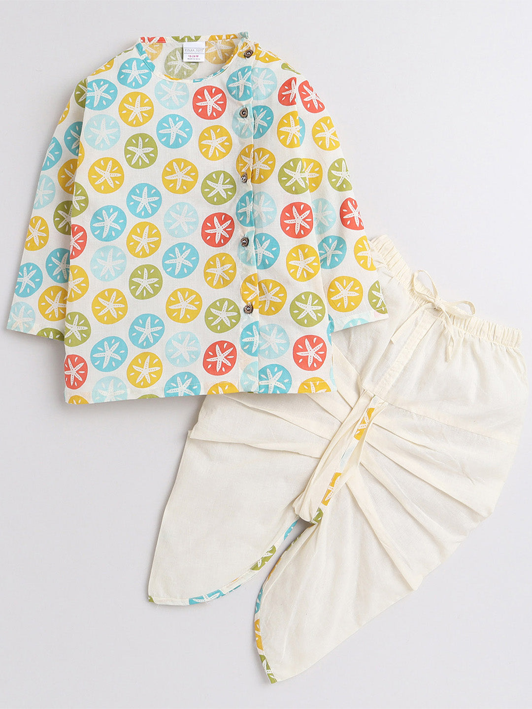 Polka Tots Full Sleeve Multi Color Star Print Angrakha Kurta With Piping Dhoti - Cream