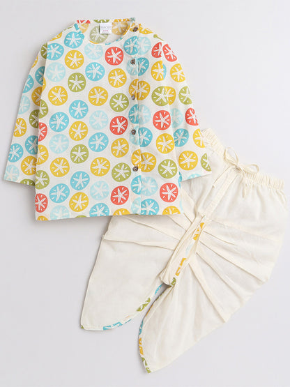 Polka Tots Full Sleeve Multi Color Star Print Angrakha Kurta With Piping Dhoti - Cream