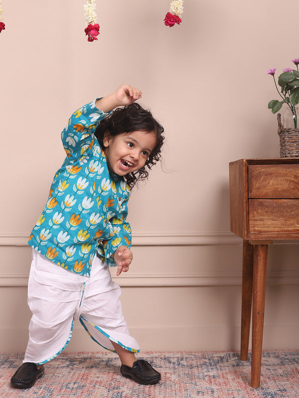 Polka Tots Full Sleeves Lotus Print Angrakha with Dhoti - Blue