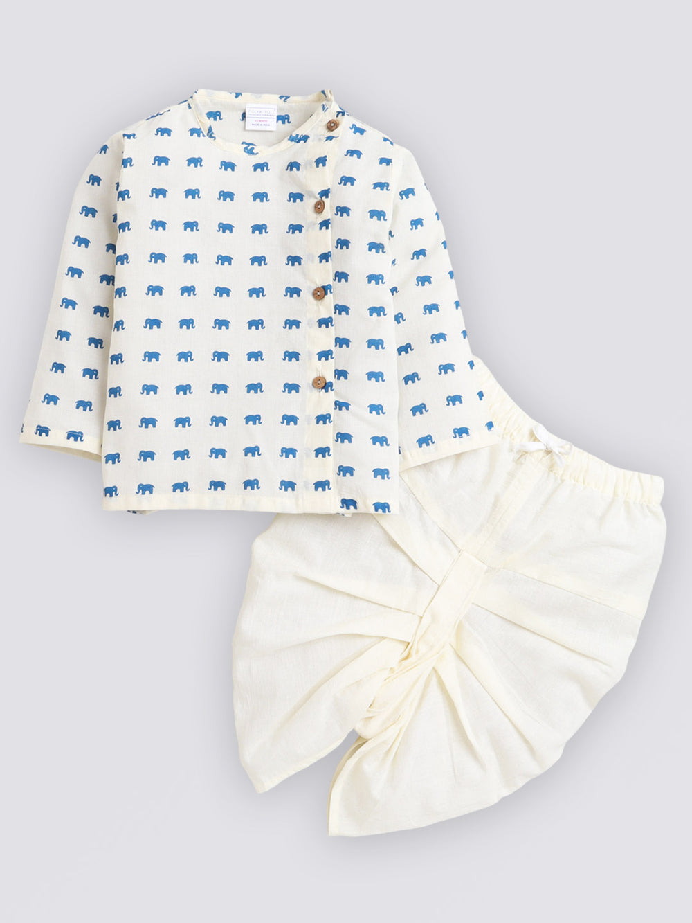 Polka Tots Dhoti Kurta Set for Boys 100% Super Soft Cotton Traditional Ethnic Wear For Kids Blue Elephant - Cream