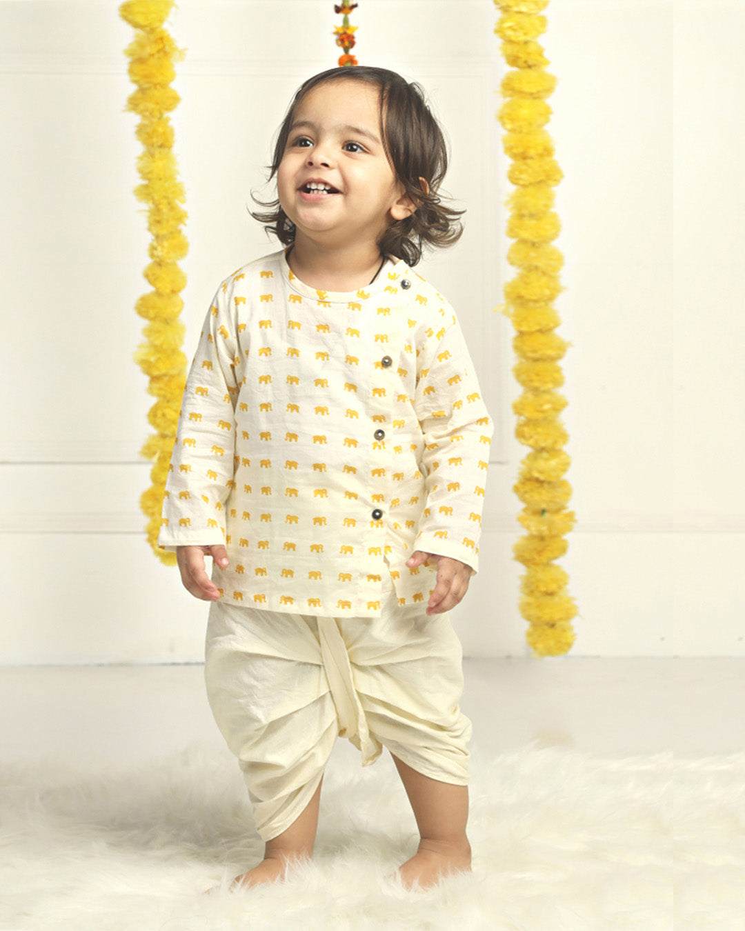 Polka Tots Dhoti Kurta Set for Boys 100% Super Soft Cotton Traditional Ethnic Wear For Kids Yellow Elephant - Cream