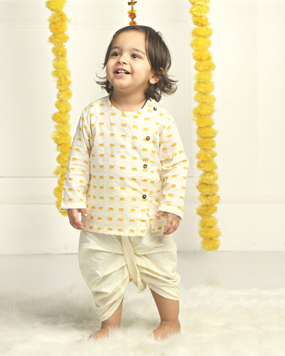 Polka Tots Dhoti Kurta Set for Boys 100% Super Soft Cotton Traditional Ethnic Wear For Kids Yellow Elephant - Cream
