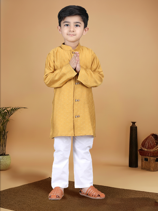 Polka Tots Full Sleeve Boys Geometric Buta Weave Ethnic Kurta Pyjama Set with Wooden Buttons - Mustard Yellow