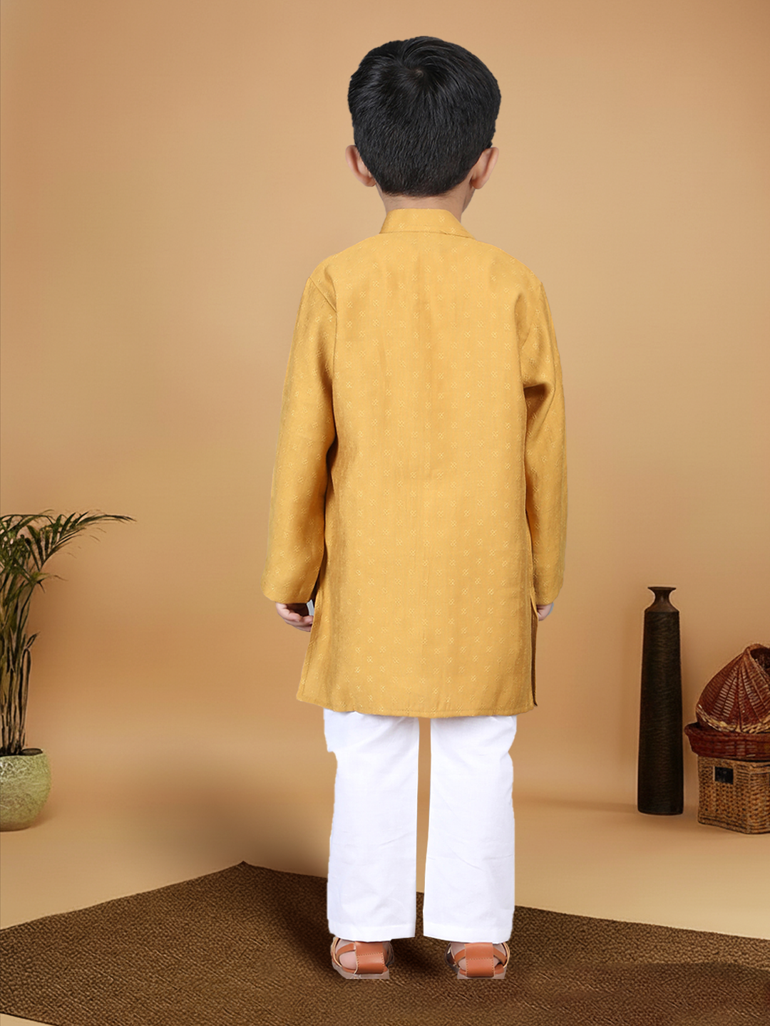 Polka Tots Full Sleeve Boys Geometric Buta Weave Ethnic Kurta Pyjama Set with Wooden Buttons - Mustard Yellow