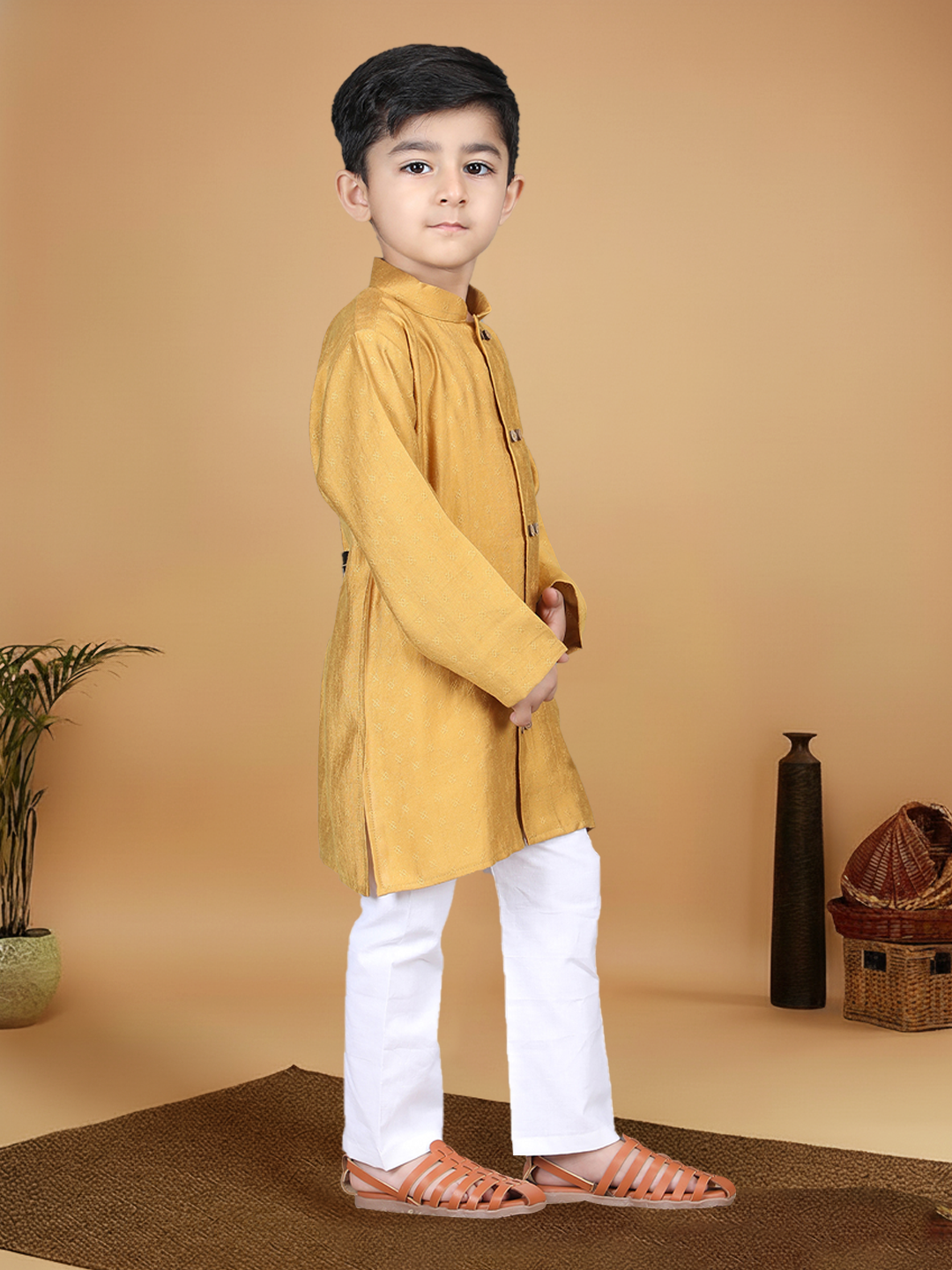 Polka Tots Full Sleeve Boys Geometric Buta Weave Ethnic Kurta Pyjama Set with Wooden Buttons - Mustard Yellow