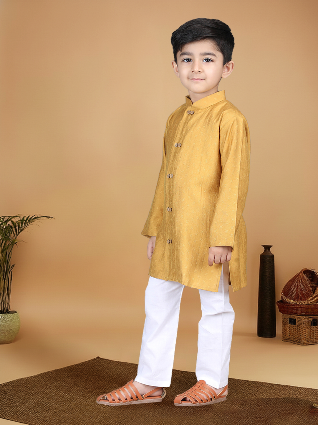 Polka Tots Full Sleeve Boys Geometric Buta Weave Ethnic Kurta Pyjama Set with Wooden Buttons - Mustard Yellow