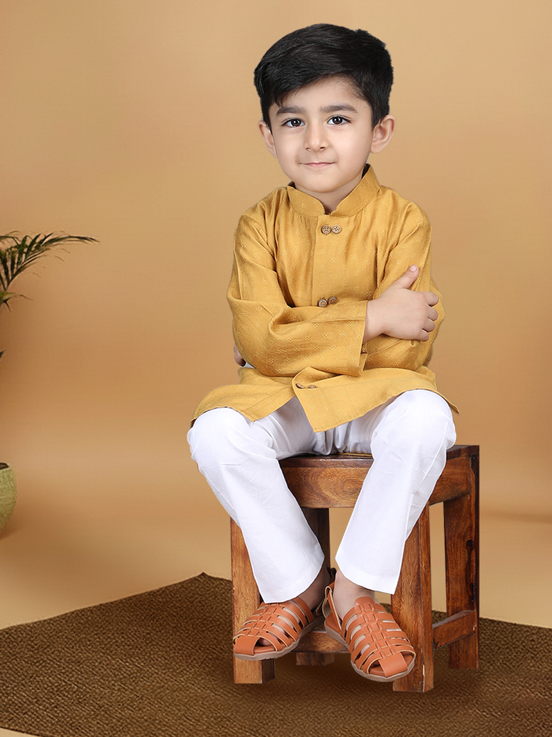 Polka Tots Full Sleeve Boys Geometric Buta Weave Ethnic Kurta Pyjama Set with Wooden Buttons - Mustard Yellow