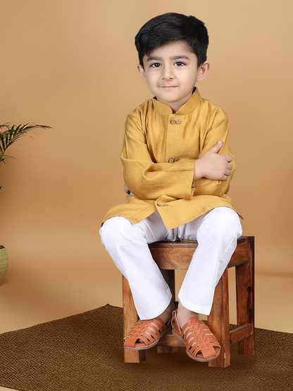Polka Tots Full Sleeve Boys Geometric Buta Weave Ethnic Kurta Pyjama Set with Wooden Buttons - Mustard Yellow