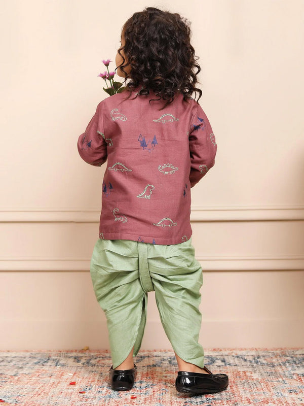 Polka Tots Full Sleeves Dinosaur Embroidery Angrakha with Dhoti - Dusty Pink