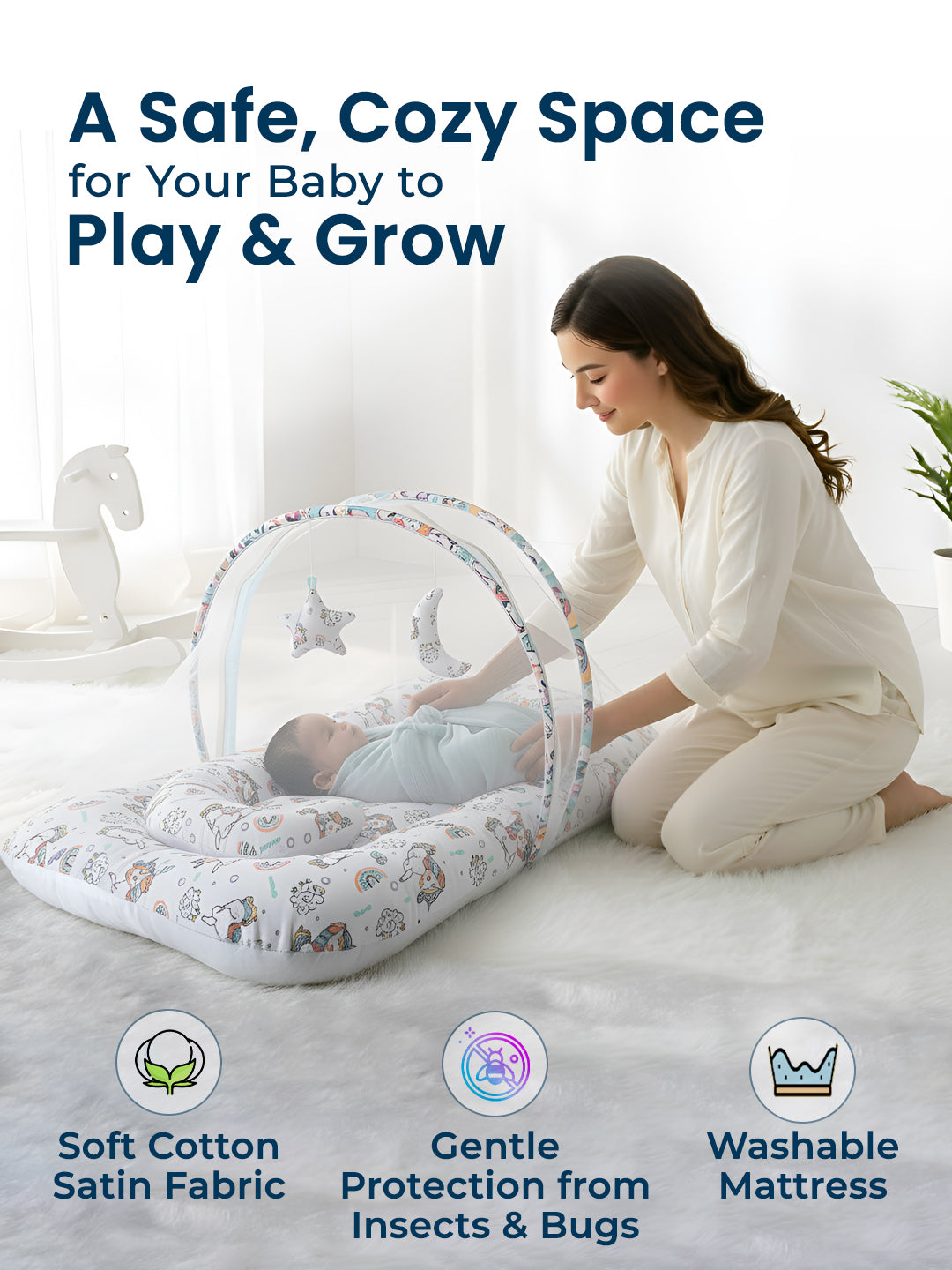 Baby playing inside a portable playpen with a woman kneeling beside it, on a white background.