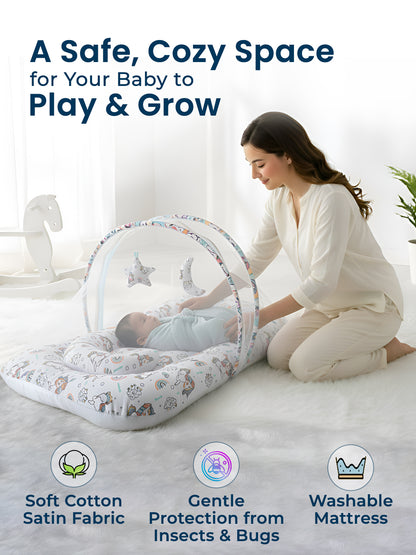 Baby playing inside a portable playpen with a woman kneeling beside it, on a white background.