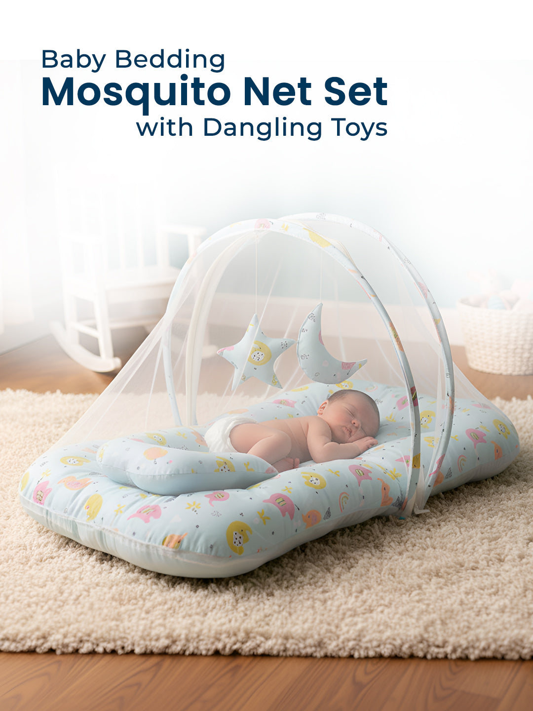 Baby bedding mosquito net set with dangling toys on a wooden floor.