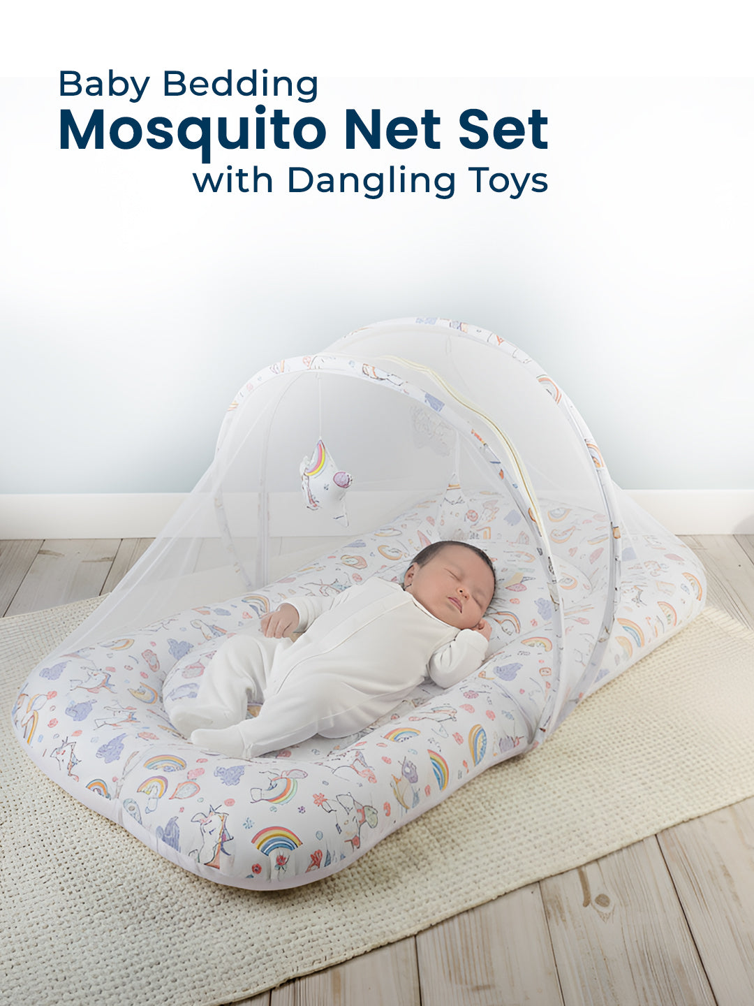 Baby bedding mosquito net set with dangling toys and a baby inside on a wooden floor.