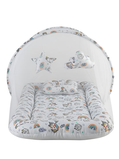 Baby mosquito net with patterned design on a white background