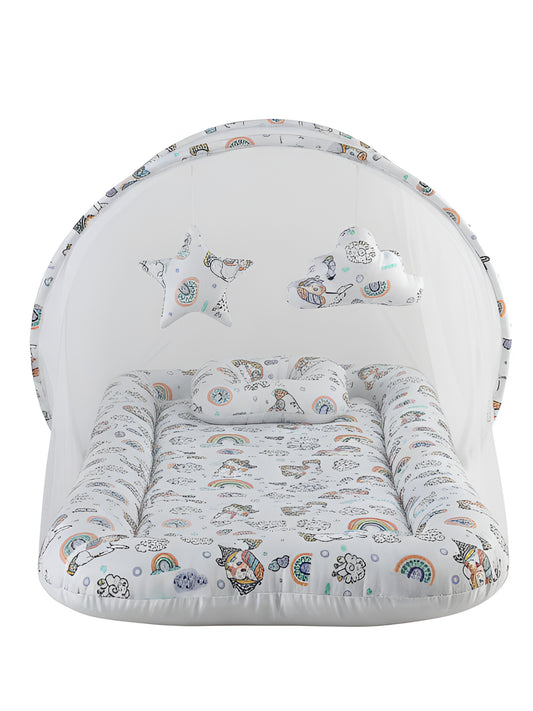 Baby mosquito net with patterned design on a white background