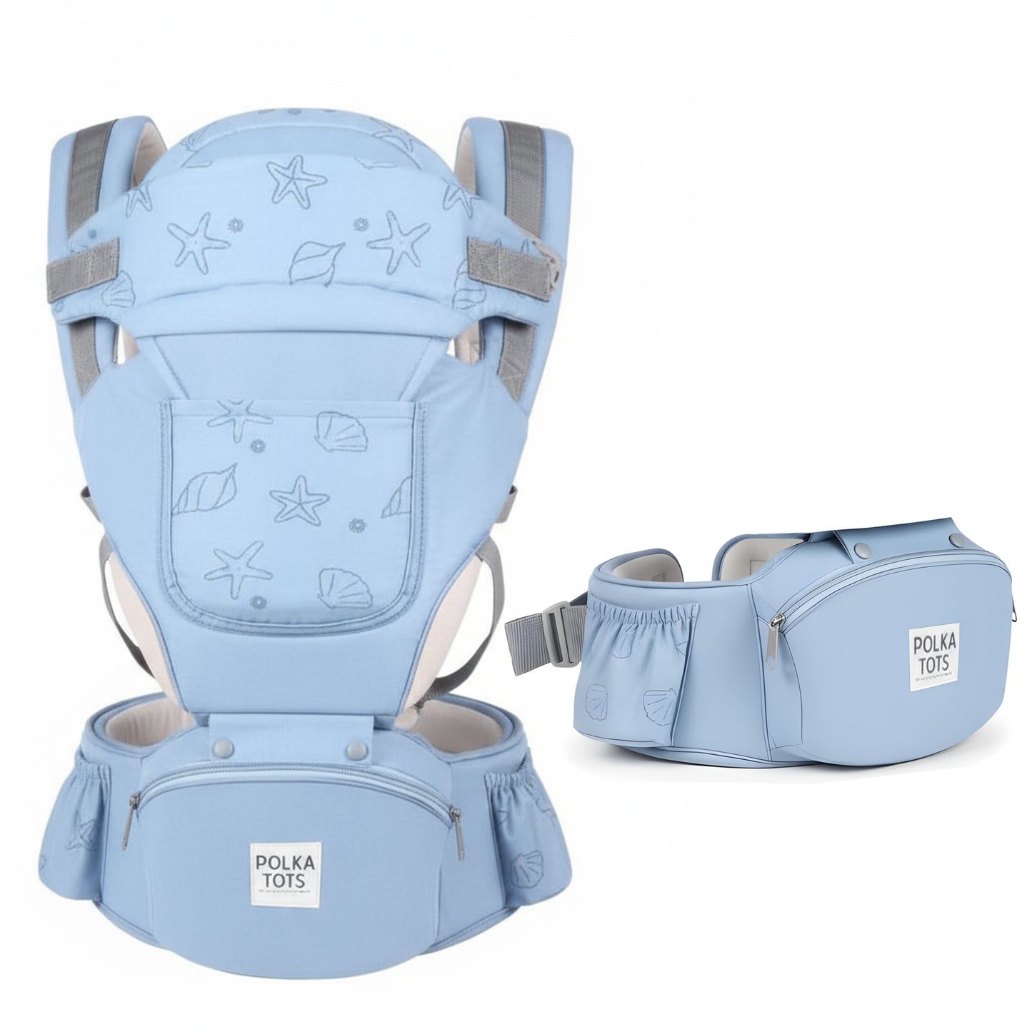 Polka Tots 6-in-1 Baby Carrier with Detachable Hip Seat, Extra Lumbar Support & Cushioning (Shell Blue)