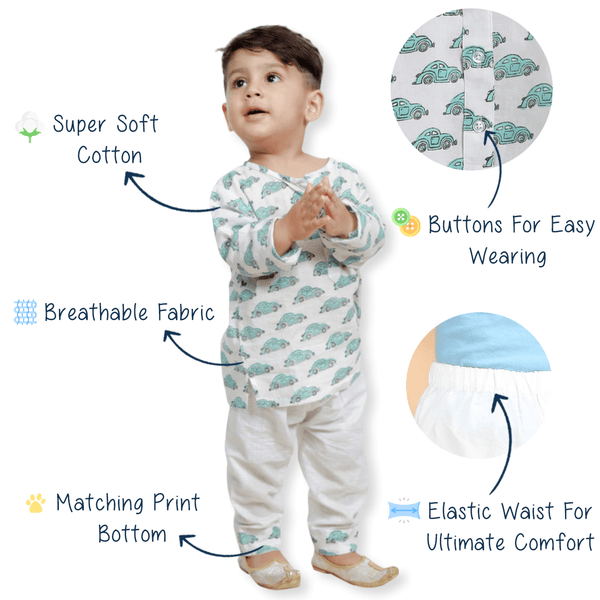 Polka Tots Car print Full sleeves Nightwear Kurta pyjama set - White