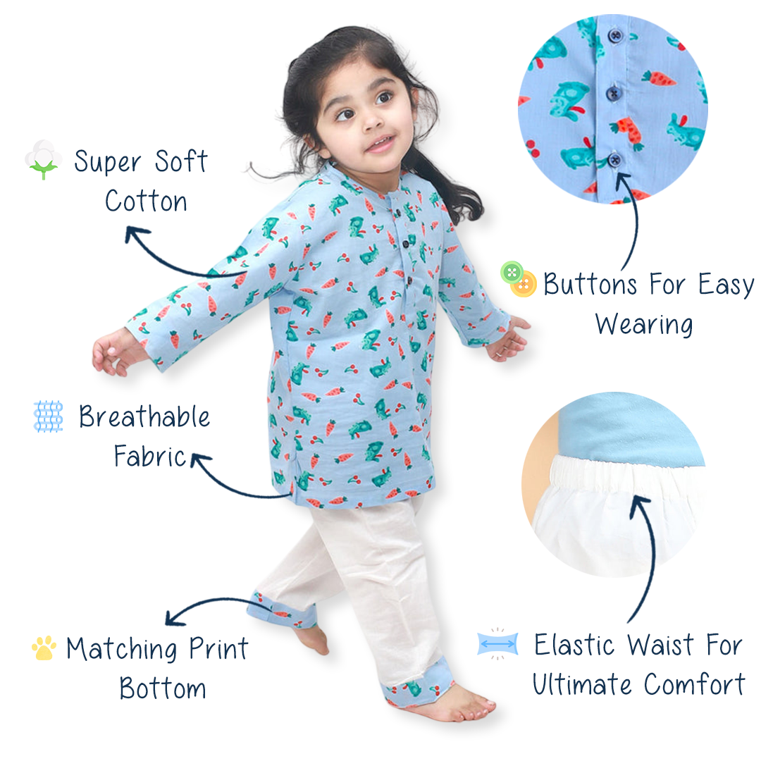 Polka Tots Kurta Pajama for Kids 100% Super Soft Cotton Night Suits for Boys & Girls Carrot Blue