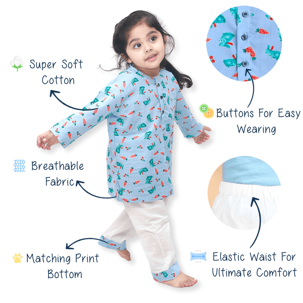 Polka Tots Carrot print Full sleeves Nightwear Kurta pyjama set - Blue