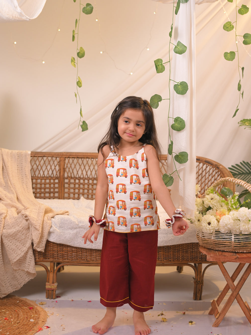 Polka Tots Girls Rickshaw Print Spaghetti Top & Bottom- Multicolour