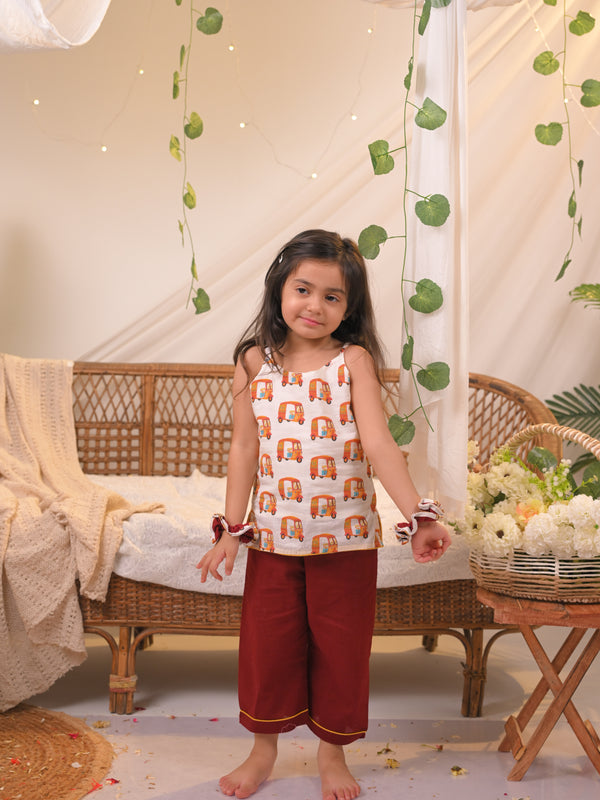 Polka Tots Girls Rickshaw Print Spaghetti Top & Bottom- Multicolour