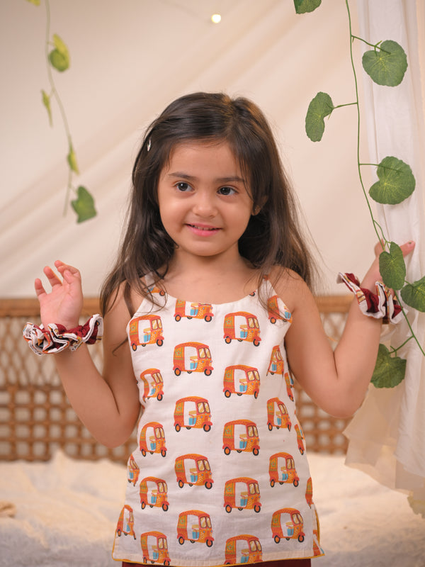 Polka Tots Girls Rickshaw Print Spaghetti Top & Bottom- Multicolour