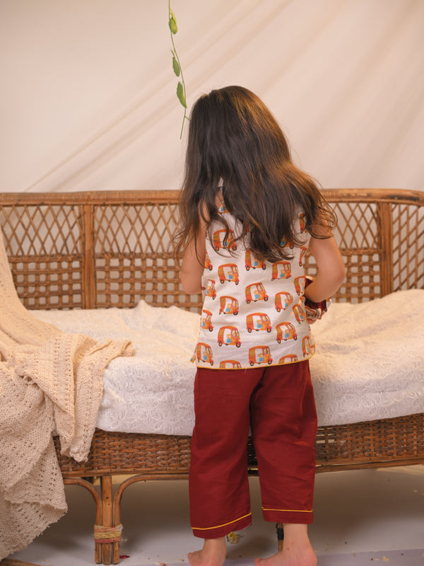 Polka Tots Girls Rickshaw Print Spaghetti Top & Bottom- Multicolour