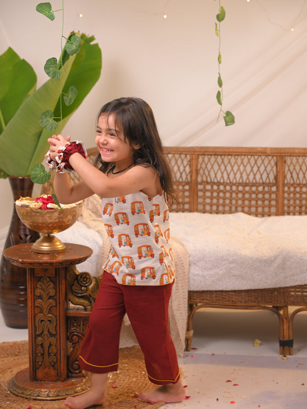 Polka Tots Girls Rickshaw Print Spaghetti Top & Bottom- Multicolour