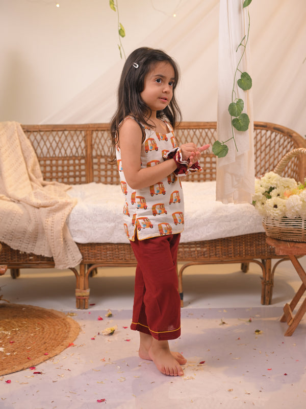 Polka Tots Girls Rickshaw Print Spaghetti Top & Bottom- Multicolour