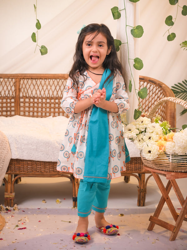 Rangrez Collection: Peacock Print Kurta & Pant Set with Dupatta – Blue