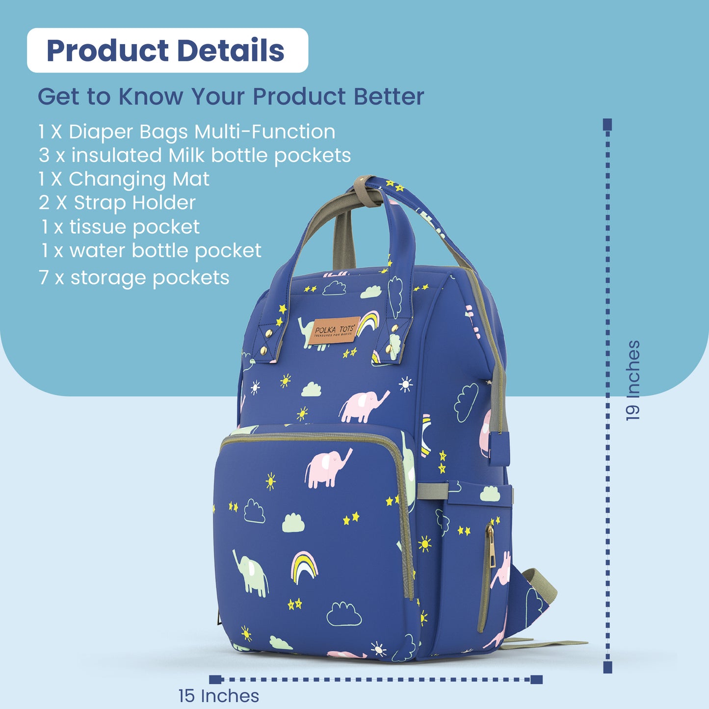 Premium 17+ Pockets Multifuncational Mothers Diaper Bag- Blue Elephant